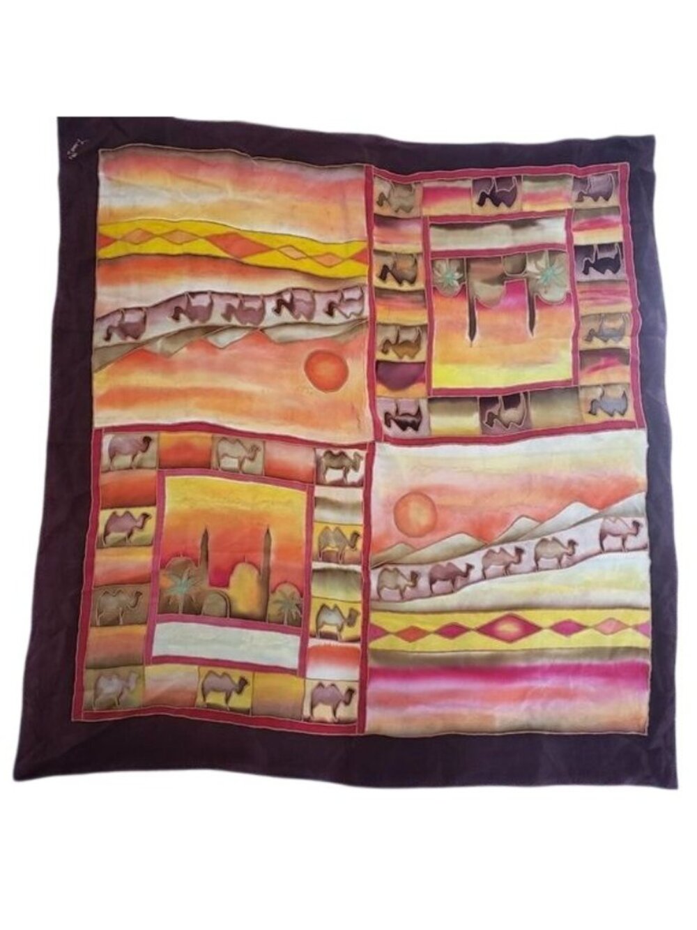 Hand-Painted Silk Scarf Desert Scene With Camels & Sunset 35"x35"